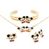 Explore the Little Baby Mouse Jewelry Set for girls, a 10k gold-filled collection featuring a necklace, cuff bracelet, stud earrings, and ring. Each piece is adorned with adorable cartoon-style mouse faces complete with black ears and red bows, ensuring it's safe for any skin type.